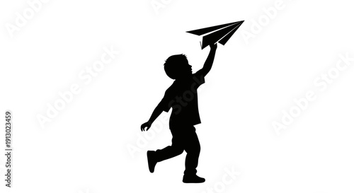 Child Running with Paper Plane Silhouette.