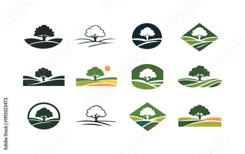 Open Landscape Icons. Open landscape. Icon set. Set Logo of Open landscape: tree in wide field. harmonious logo variations of the same emblematic concept, each