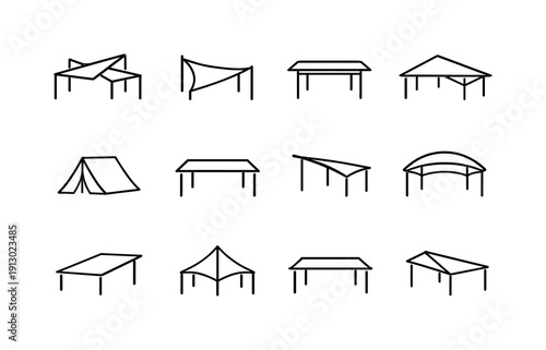    Minimal Shade Canopies. Line icon set of Minimal Shade Canopies: geometric canopy outline, abstract sunshade icon, clean frame structure,
