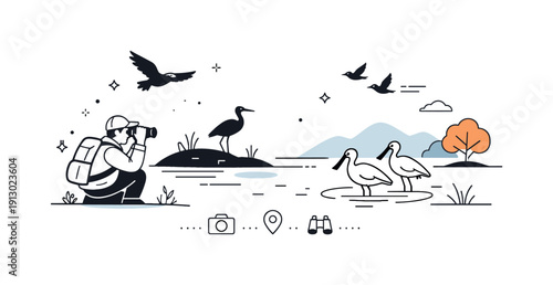 Ornithological tourism concept. A birdwatcher quietly observing rare birds through binoculars in a remote natural habitat. Calm, respectful