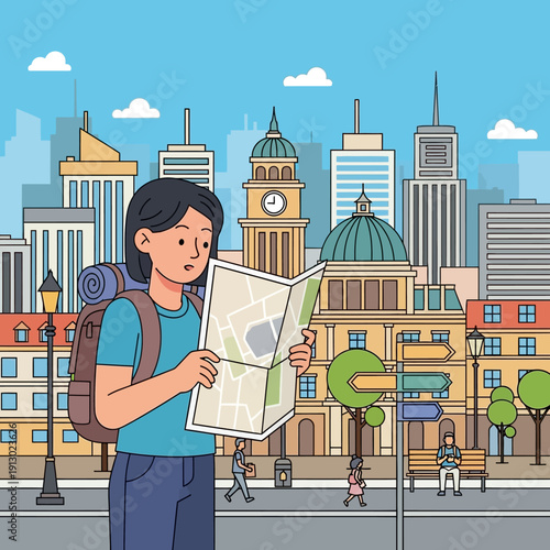 Young tourist with city map.