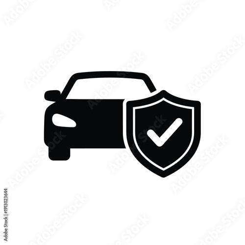 Vector illustration icon car with shield and checkmark icon, vehicle insurance concept, simple design