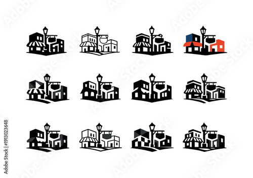    A close-up of a street corner with cafes, art galleries, and street signs. Icon set. Set Logo of A close-up of a street corner with cafes,