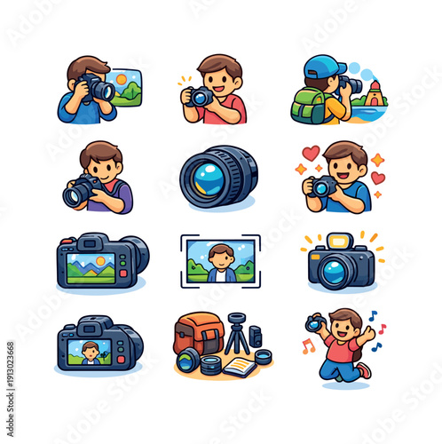 Colorful Photographer Icons. Amateur photographer. Colorful isometric vector icons set of amateur photographer: camera practice shot, smile before snap, travel