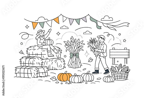   Rural autumn fair concept. Hay bales, corn bundles and pumpkins arranged in an open field,