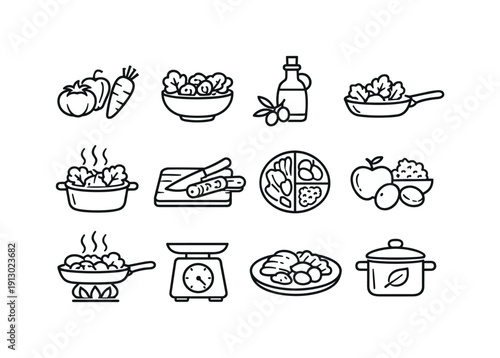 Wallpaper Mural Healthy Dinner Cooking. Line icon set of Healthy Dinner Cooking: fresh vegetables, salad bowl, olive oil bottle, pan with greens, steaming Torontodigital.ca
