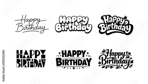    Happy birthday. Set lettering. harmonious lettering variations of the same emblematic concept, each with different artistic interpretation