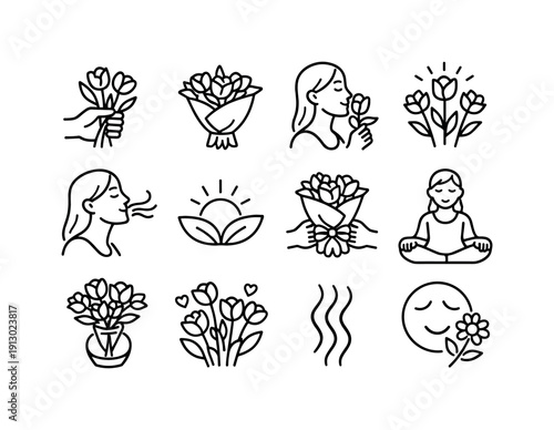 Fresh bouquet moment. Line icon set of Fresh bouquet moment: newly cut flowers, bouquet close-up view, scent appreciation pose, aromatic