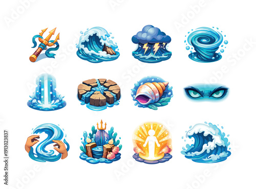 Ocean Deity Icons. Ocean god power. Colorful isometric vector icons set of ocean god power: Poseidon's trident, tidal wave crash, sea storm cloud, underwater