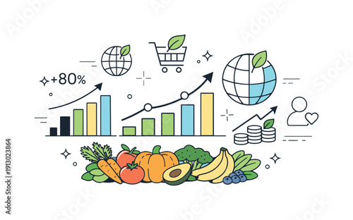 Organic food growth trend. Simple charts and icons rising above fruits and vegetables, symbolizing increasing demand for organic products