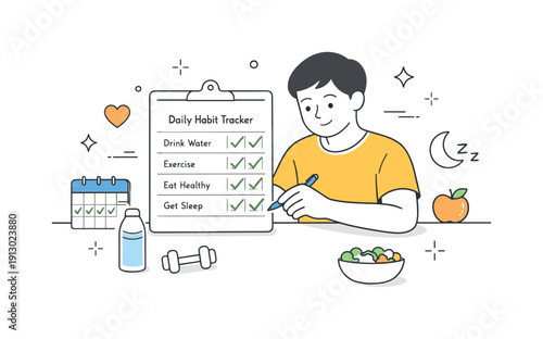 Building healthy habits. Person checking off simple wellness tasks on a daily habit tracker. Gentle motivation mood with