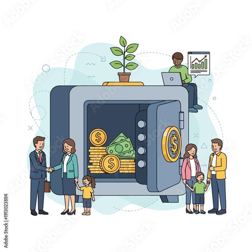 People standing around a safe with money.