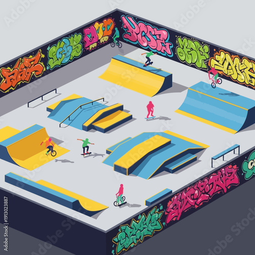 People skateboarding in skate park area.