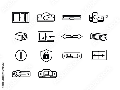   Sliding Window Latch. Line outline icon set of Sliding Window Latch: sliding window panel,