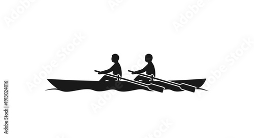 Two Silhouetted People Rowing a Boat.