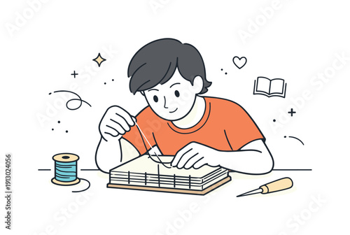 Manual bookbinding process. A person stitching pages together with needle and thread, focused and precise. The scene highlights careful work,