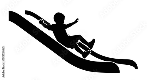 Child Sliding Down Sled on Snowy Slope.