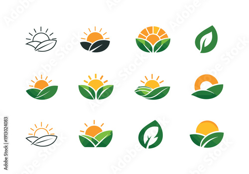    Nature. Icon set. Set Logo of nature: leaf and sun harmony. harmonious logo variations of the same emblematic concept, each with different