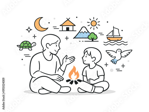 Passing down stories. A parent telling a traditional tale to a child, simple symbols and patterns appearing softly in the air. Trust,