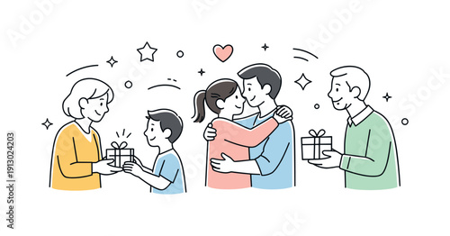 Festive family moment. Family members exchanging small gifts and greetings, focused on togetherness rather than celebration excess. Soft