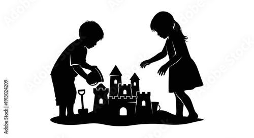Children Building Sandcastle on Beach Silhouette.