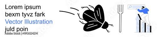 Business growth, analytics, digital research, pest control, productivity, concept illustration. A graph climbing, a person with a search icon and an insect. Business growth and analytics concept