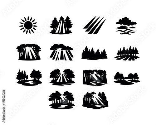 Nature light beams. Solid icon set of nature light beams: sunray icon, forest trees, diagonal light shafts, mist effect, canopy opening,