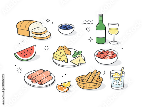 Summer picnic food flat lay. Top view of picnic foods including bread, fruit slices, cheese, and drinks arranged with plenty of white space.