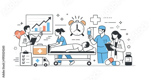 Healthcare system under pressure. Medical staff working together efficiently with charts, beds, and care symbols shown in a simplified way.