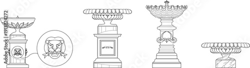 Technical vector illustration of ornate garden fountains and pedestals, featuring classical Roman designs and detailed lion head motifs