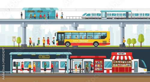 People waiting at bus station platform.