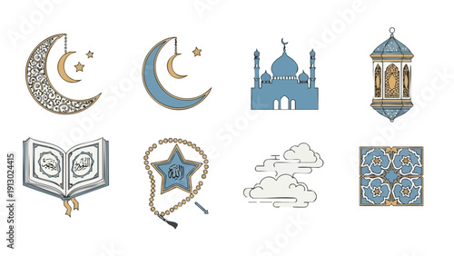 Flat lay of various Islamic Ramadan symbols and icons in blue, gold, and white hues on a clean white background.