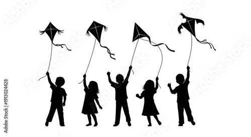 Children Flying Kites Silhouettes Against Sky.