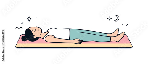    Yoga mat pastel relaxation. A character lying on a pastel yoga mat in savasana pose, eyes closed and fully relaxed. The mood is calm,