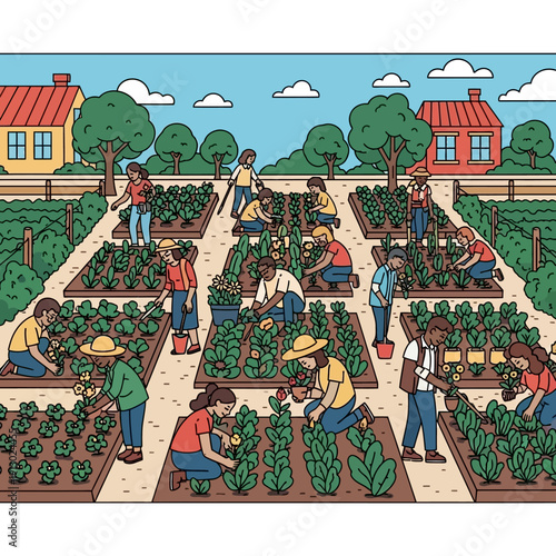 People working in a garden plot.