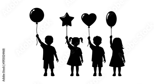 Children holding balloons and star together.