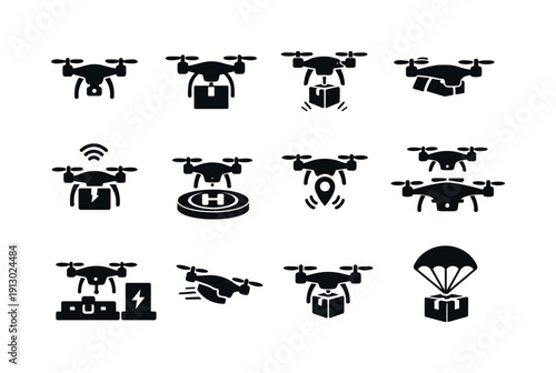    Delivery drones. Solid icon set of delivery drones: quadcopter drone, drone carrying package, drone dropoff, aerial delivery icon, smart