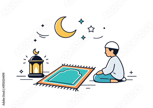 nighttime prayer light. A serene evening scene with a glowing lantern and soft rug in a quiet prayer space, crescent moon and stars floating