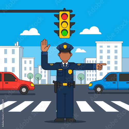Police officer directing traffic on road.