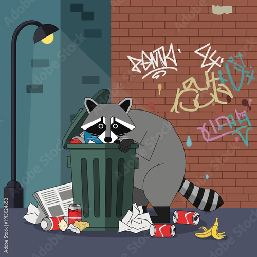Raccoon rummages through trash can.