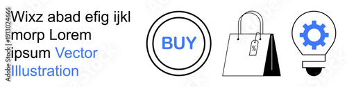 Online shopping, digital marketing, innovation, e-commerce functionality, business tools, retail solutions. Circular buy button, shopping bag gear light bulb icon. Online shopping and digital