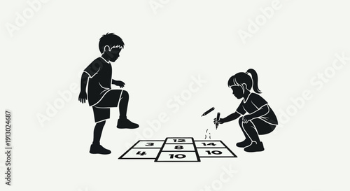 Children Playing Hopscotch Game Together.