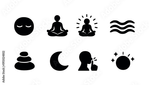   Inner calm meditation. Filled icon set of Inner calm meditation: closed eyes face, lotus