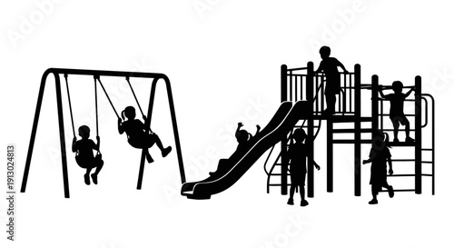 Children Playing on Playground Equipment Silhouettes.