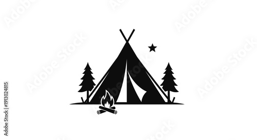 Camping Tent Silhouette with Campfire and Trees.