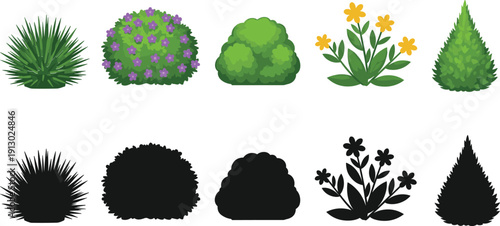 Cartoon garden plants and shrubs with silhouettes flowers