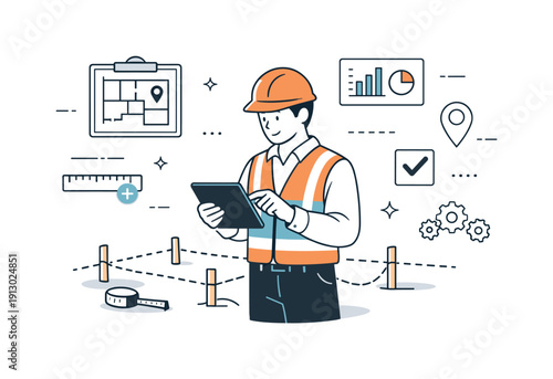 Construction site layouts. A worker checking site markings with a tablet, combining digital planning and on-site execution. Calm analytical