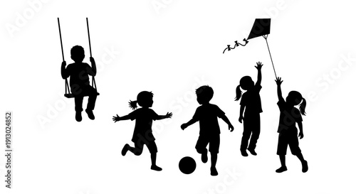 Children Playing Outside with Kites and Ball.
