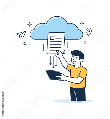   Cloud storage metaphors. Person retrieving a document from a cloud using a tablet, smooth downward motion lines. Easy access to stored