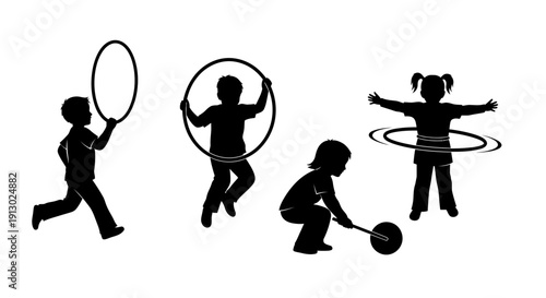 Children Playing with Hula Hoops Silhouettes.